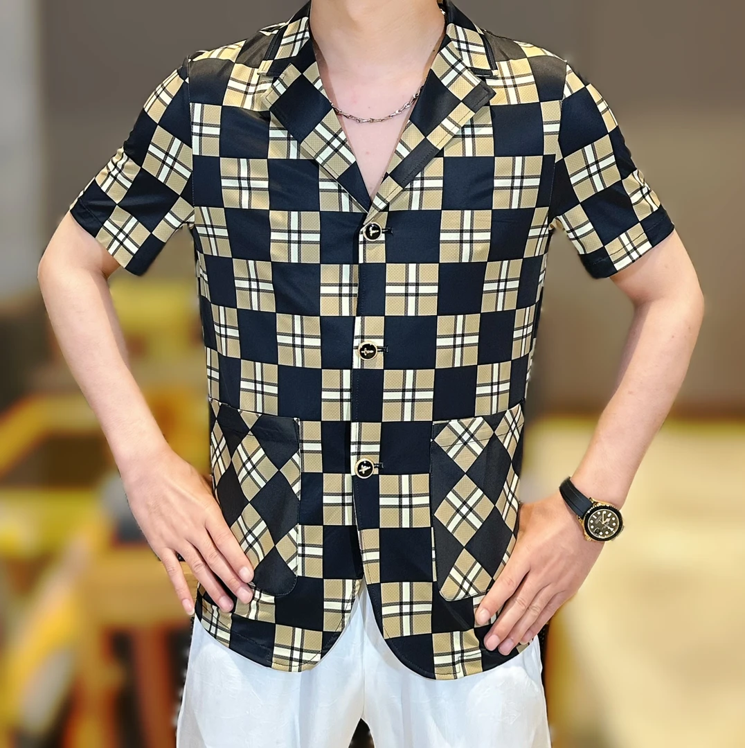 2025夏季新款修身男士休闲高品质撞色格子印花冰丝西服短袖T恤