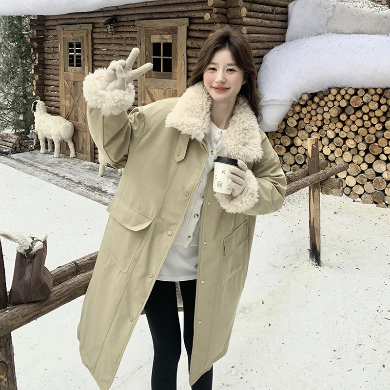仿羊羔毛领中长款羽绒服冬季2024新款中长款韩系派克服超好看爆款