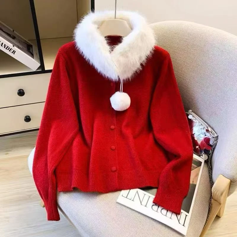 冬季韩系小香风甜美毛领针织开衫女温柔减龄外套上衣