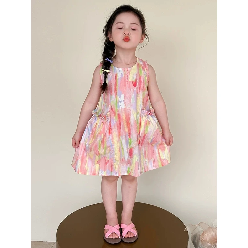 女童夏季连衣裙2025新款无袖扎染女宝宝衣服时尚裙子女孩夏公主裙