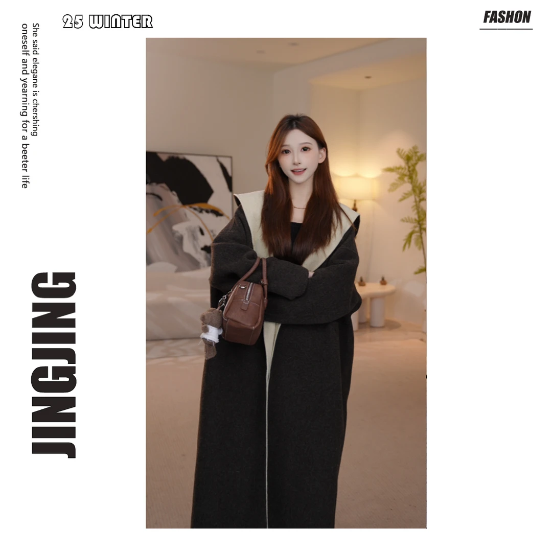 【婧婧】高支羊毛双色双面毛呢外套撞色长款双面呢连帽大衣女25D200