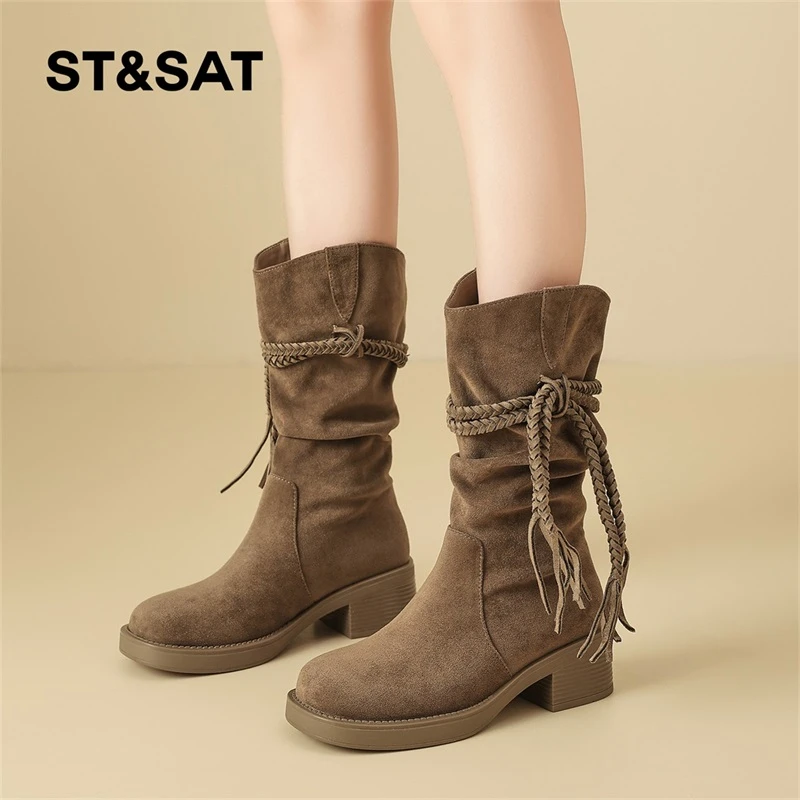 星期六厚底流苏瘦瘦靴女2025秋季款废土风显瘦中筒靴不过膝堆堆靴