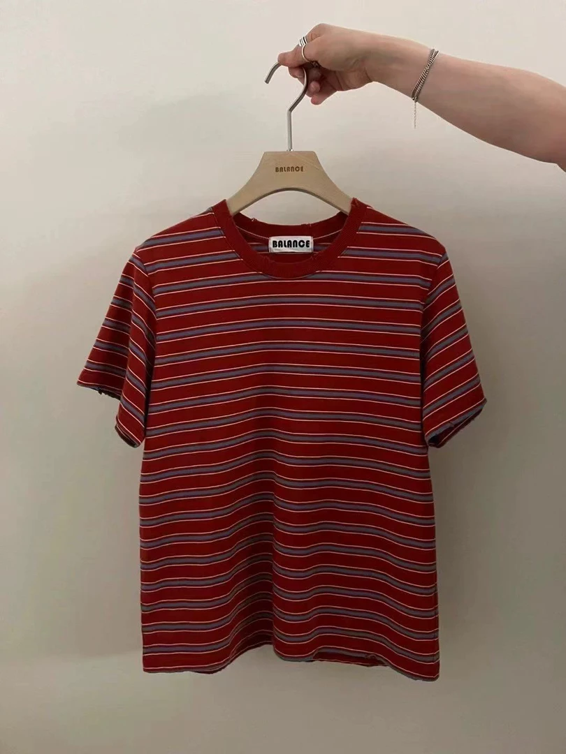 2025韩代女款时尚简约气质条纹圆领体恤上衣