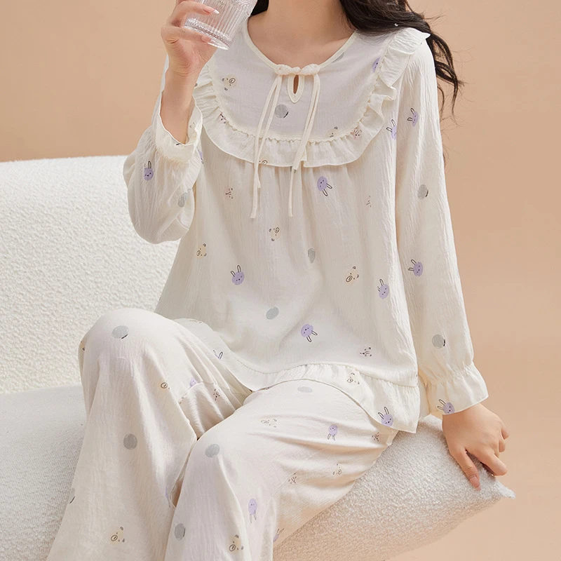 新款云朵棉睡衣女长袖柔软舒适套装春秋季休闲圆领卡通睡衣秋款女