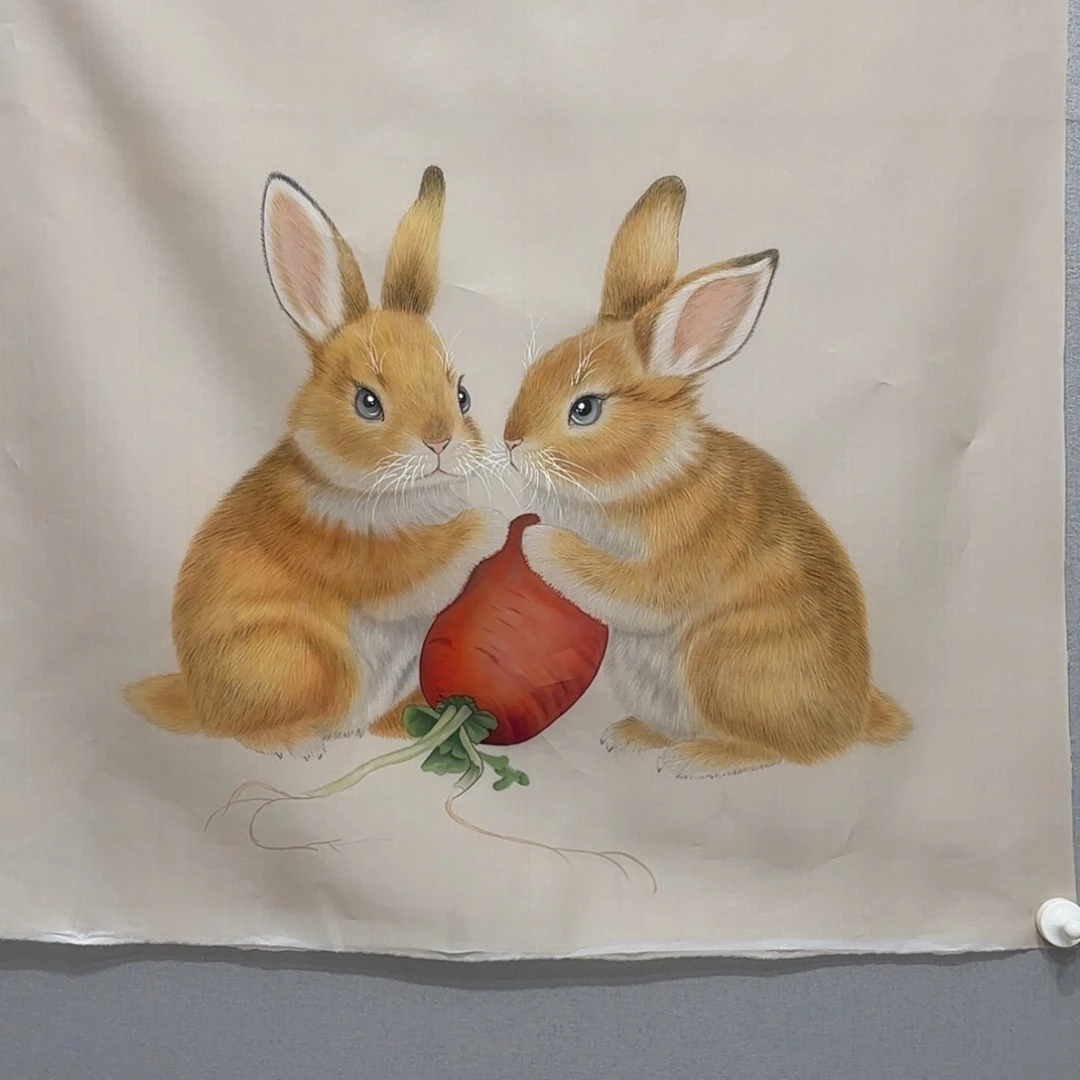 国画绢本工笔小兔子贾敏