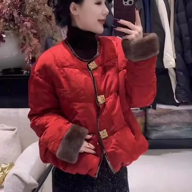 2025新年款冬季唐装中式国潮风棉服外套女圆领红色提花棉衣棉袄潮