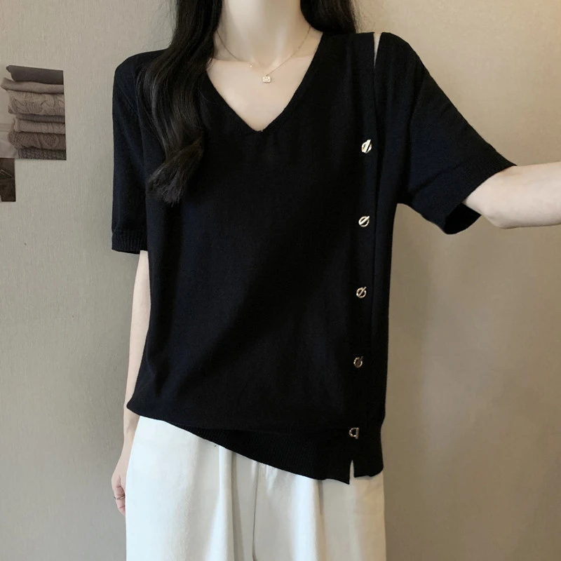 大码女装遮肚子V领镂空冰丝短袖T恤女夏季胖妹妹宽松显瘦百搭上衣