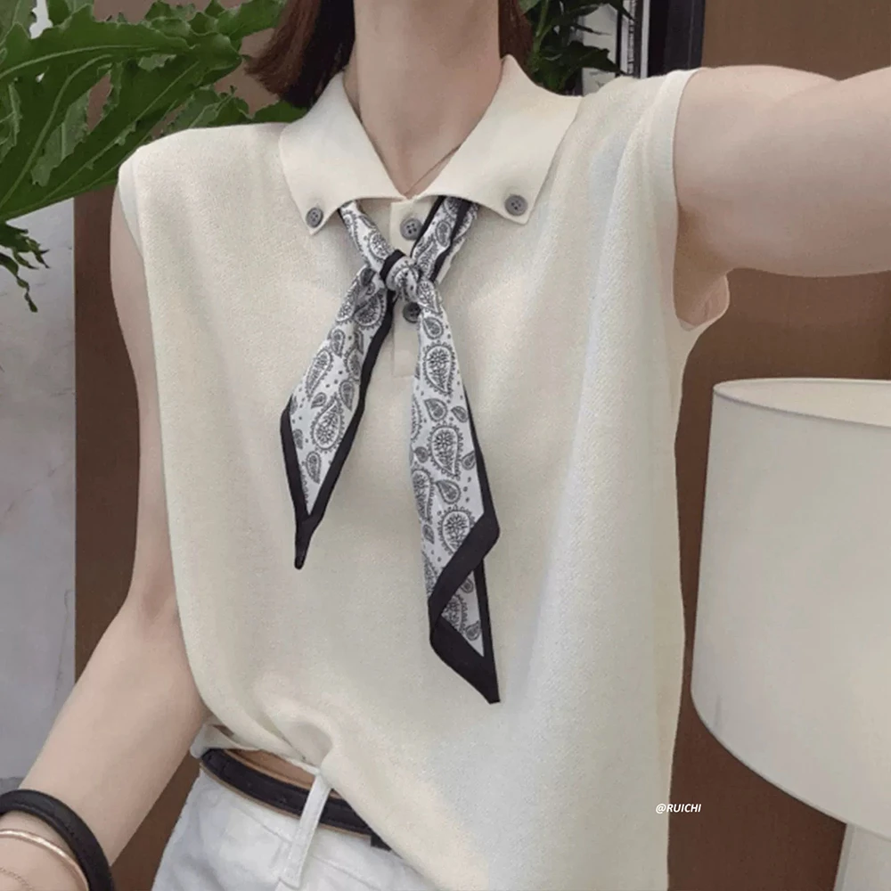 2025夏季休闲风丝巾POLO翻领纽扣无袖高级感修身小个子针织衫薄款