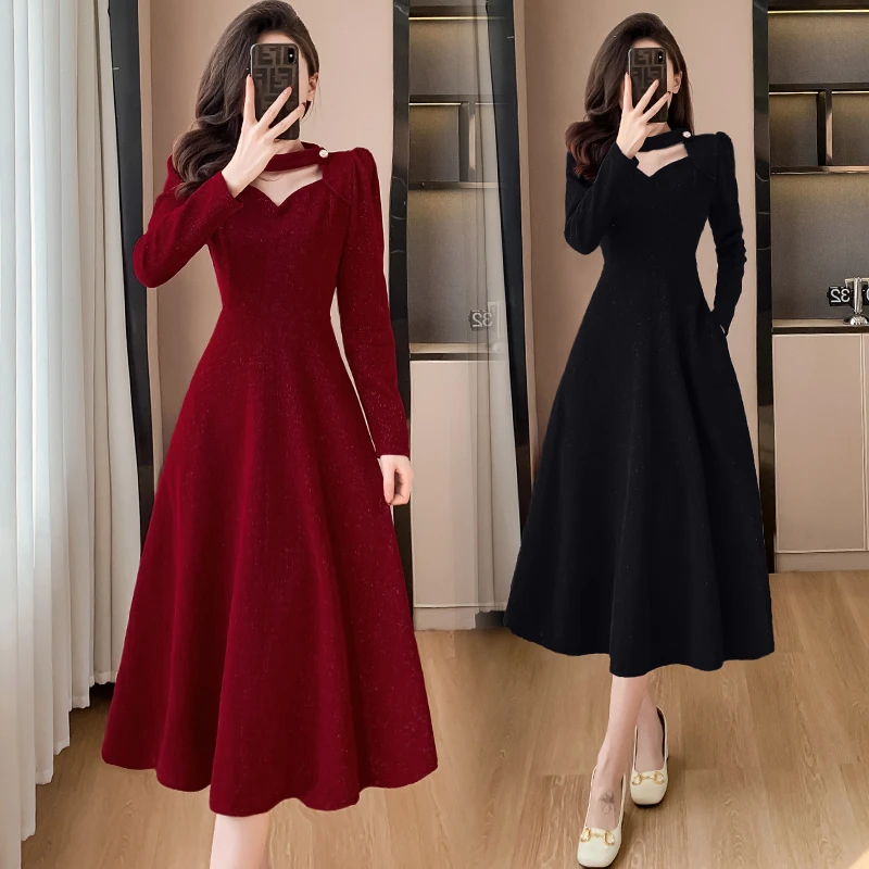 有口袋遮肉女装雪尼尔连衣裙秋冬新款胖MM遮肚显瘦高级感打底裙子