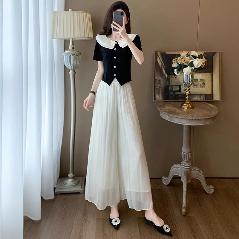 温柔淑女风休闲时尚套装女夏季2025新款娃娃领短袖上衣裤裙两件套