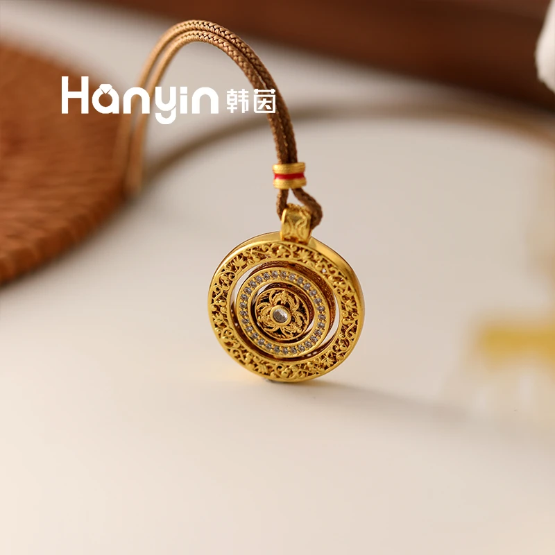 铜合金项链 福字圆环罗盘可旋转复古百搭气质项链