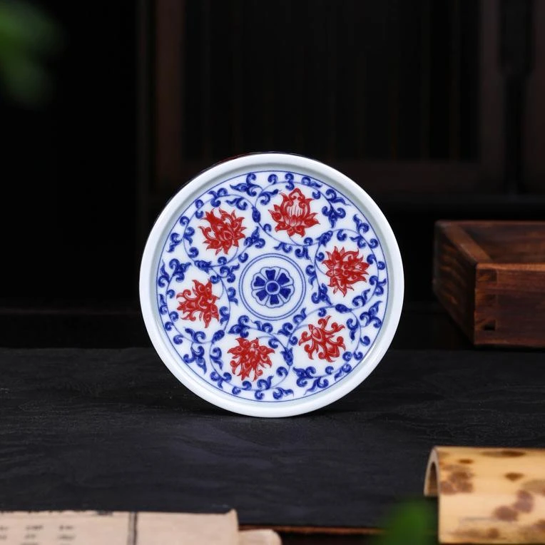 景德镇青花釉里红缠枝莲手工杯垫盖置陶瓷陶瓷花纹圆形中式纯手工
