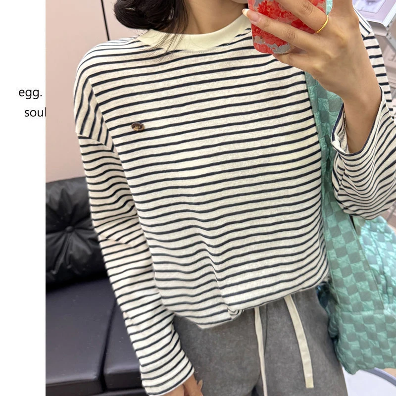 EGG女装韩版彩条T休闲慵懒风中长款大版早秋长袖条纹宽松上衣外穿