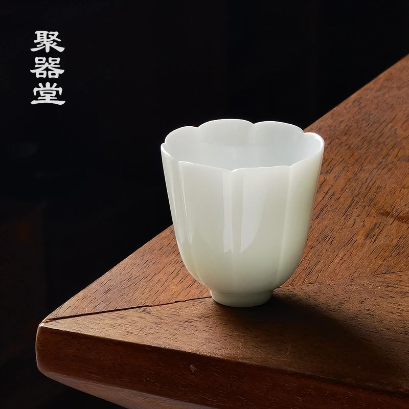 甜白瓷花瓣品茗杯单杯女士白菜杯功夫茶杯主人杯闻香杯茶杯