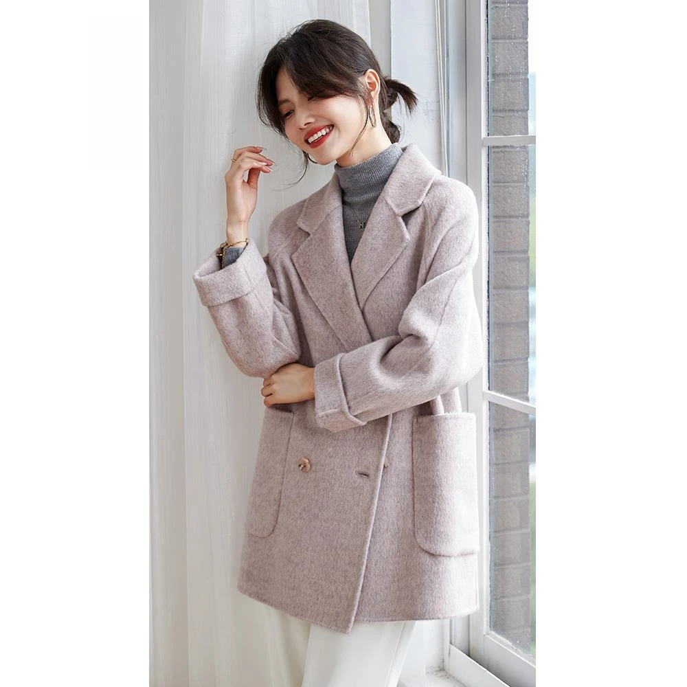 粉色显肤年轻款双面绒羊毛大衣女气质时尚新款秋冬毛呢外套小个子