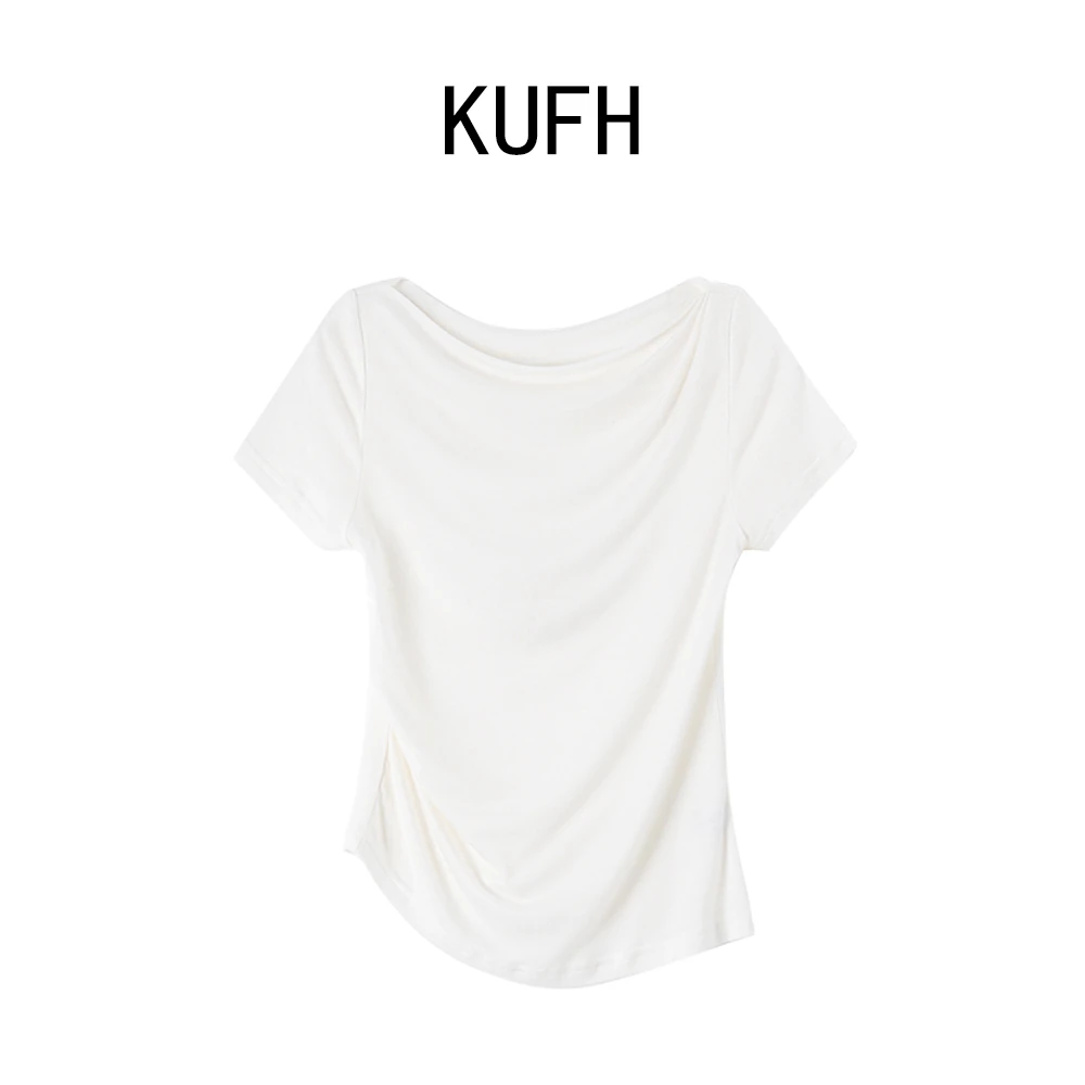 KUFH【锁骨T】桑蚕丝＋莱赛尔＋醋酸 纯欲不规则一字肩短袖T恤KW53339