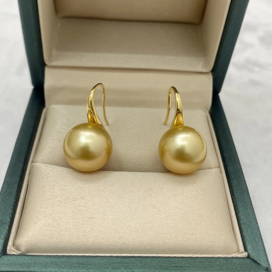 天然海水南洋金珠耳钩高跟鞋款18k金尺寸11-12mm正圆细微瑕品质