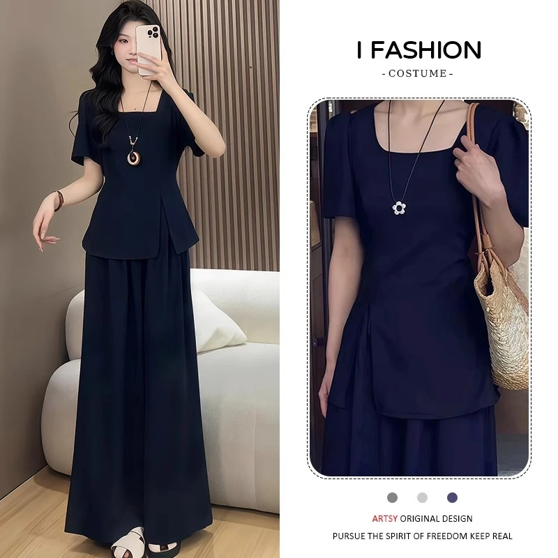 设计感时尚套装女大码胖MM短袖方领开叉上衣高腰显瘦阔腿裤两件套