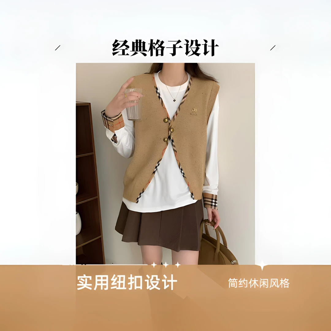 【沐嘉】女童马甲常规款通勤风春秋韩版纽扣设计感格子复古拼接经典