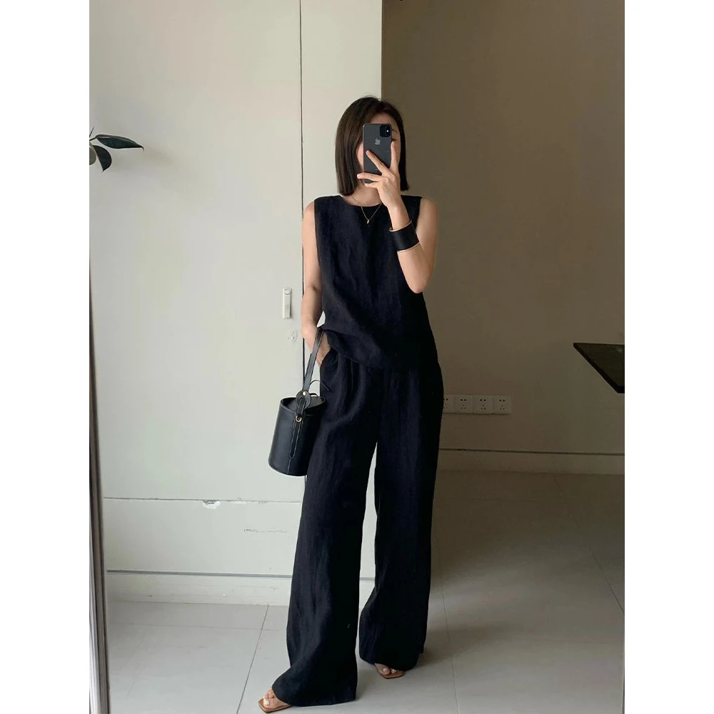 老钱风松弛亚麻套装女夏季干练气质显瘦黑色无袖上衣阔腿裤两件套