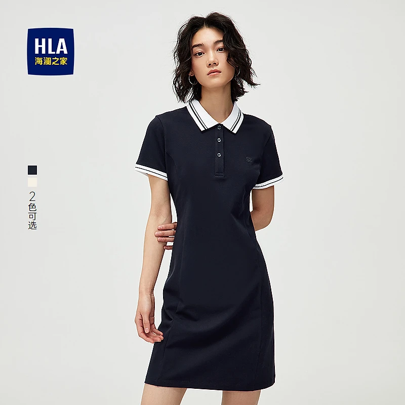 【撞色人鱼线】HLA海澜之家连衣裙女25新春夏气质通勤POLO裙女装