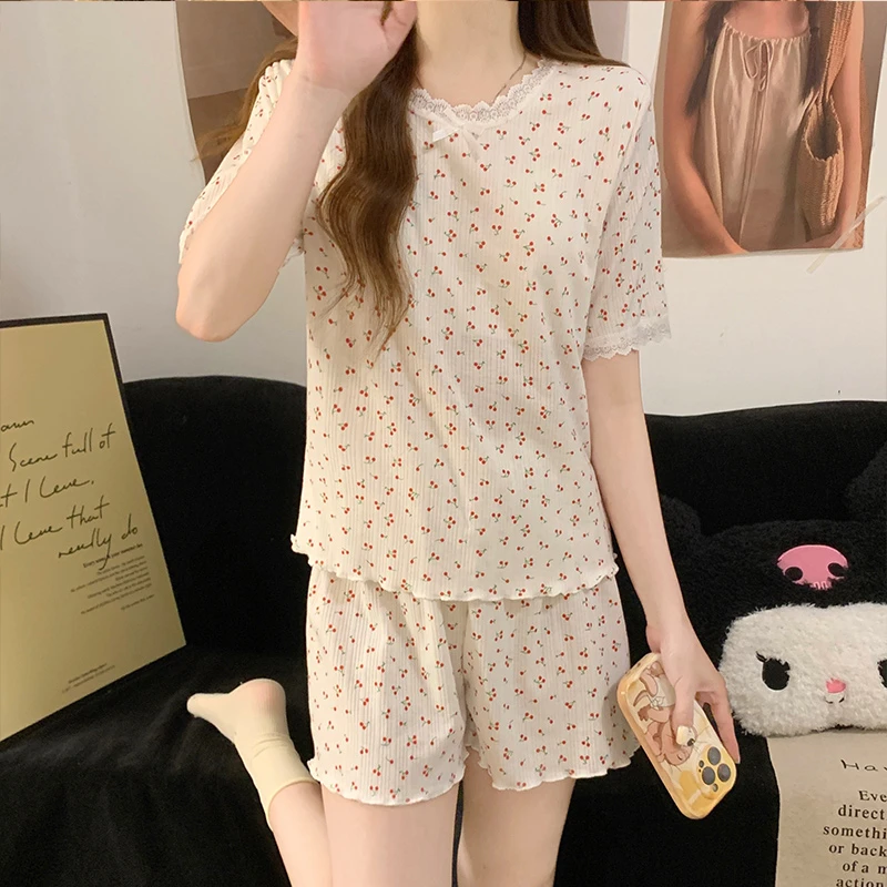 短袖睡衣女款夏季新款学生少女薄款性感带胸垫一体樱桃小个子套装