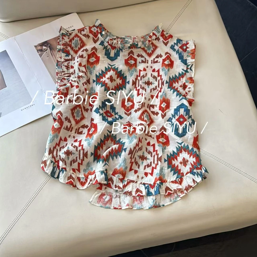 Barbie Siyu【格桑花】3612夏季民族风后背单排扣花边无袖小衫