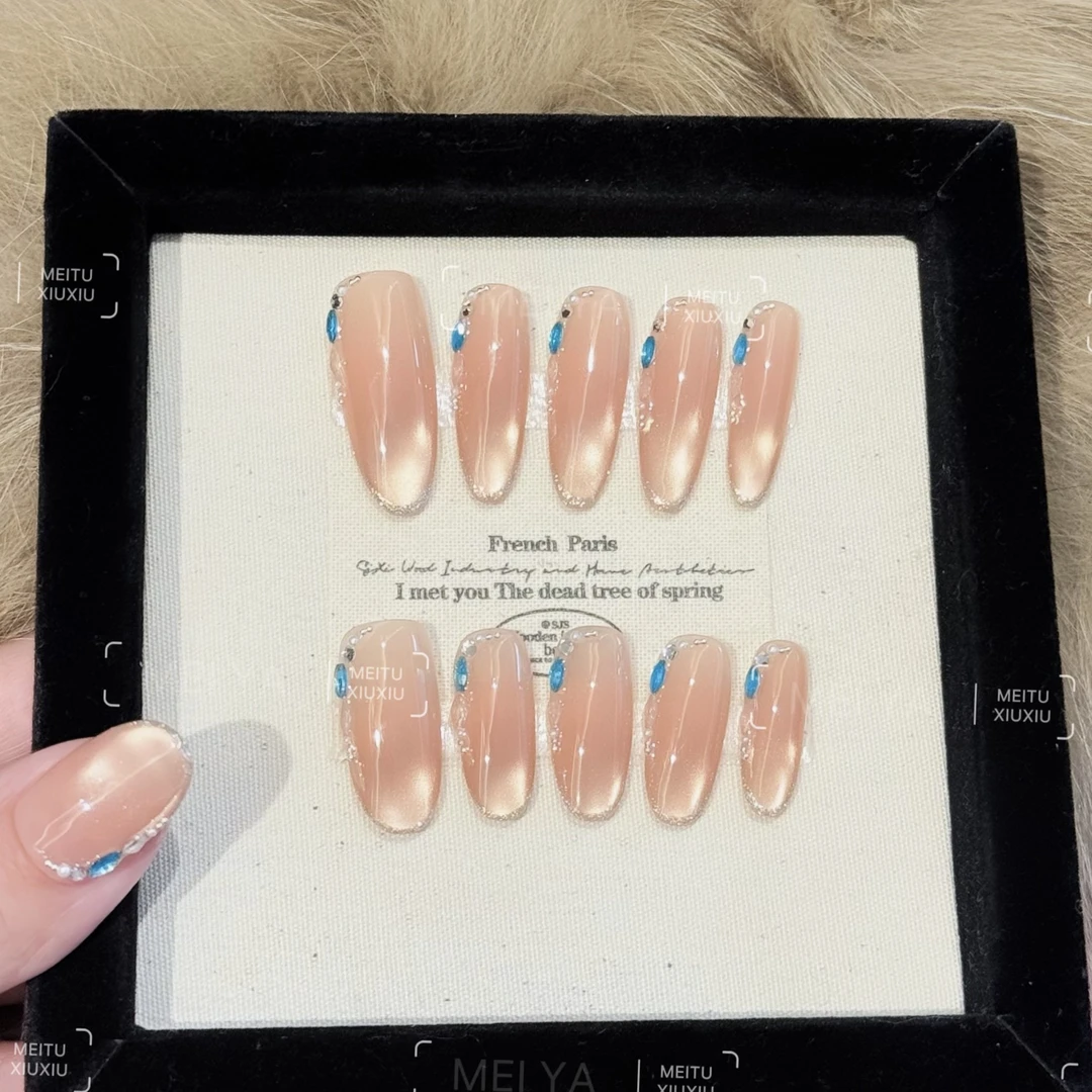 【月咏金纱】夏天显白高定设计百搭渐变冰透猫眼手工美甲穿戴甲甲片