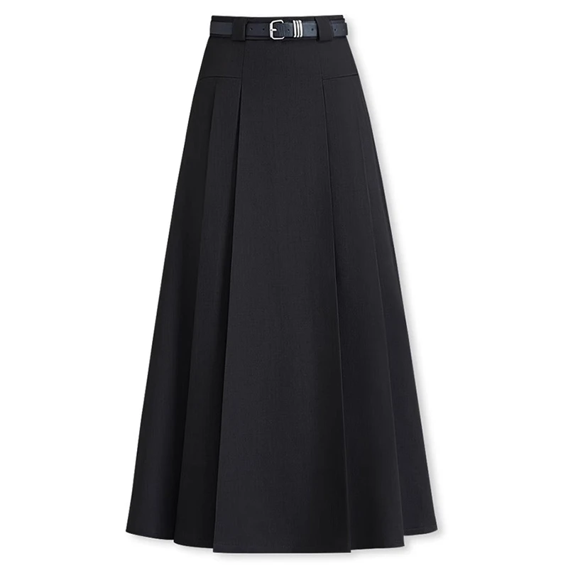 拉夏贝尔黑色毛呢半身裙女秋冬季2025新款显瘦高腰百褶长裙a字裙