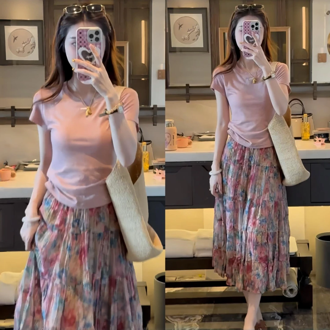 【温柔花花】套装女2025新款温柔风时尚短袖T恤碎花半身裙两件套装