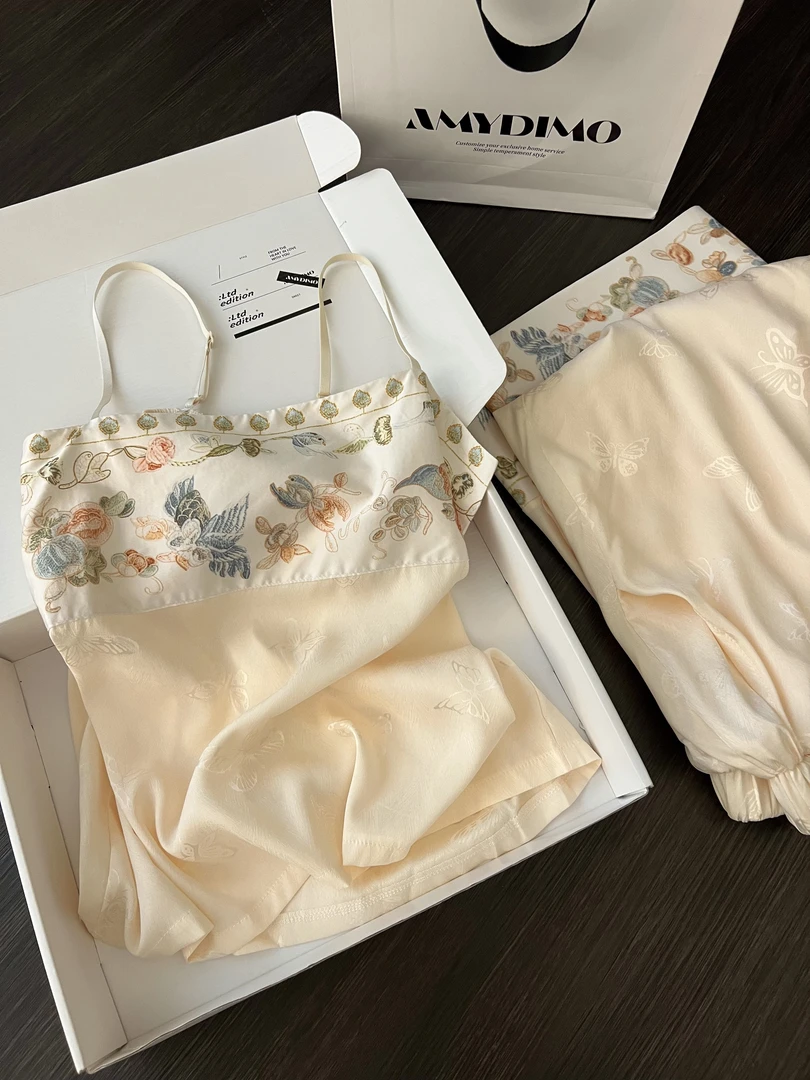 国风新中式复古銮金汉服睡衣女夏季古风吊带长裤格格宫廷风睡衣