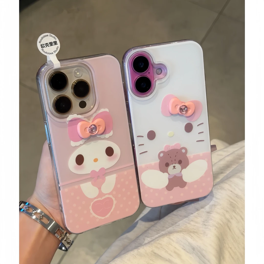 夕与空卡通KT猫粉钻蝴蝶结适用苹果16手机壳双层华为vivo小米oppo