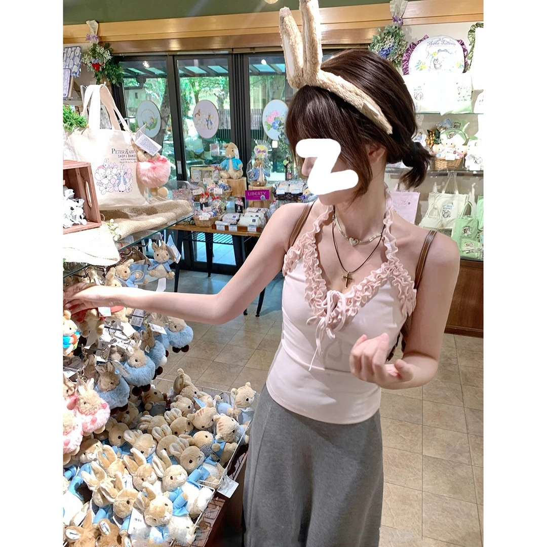 【浪漫轮廓】木耳边挂脖背心夏季女装纯色时尚修身V领辣妹上衣