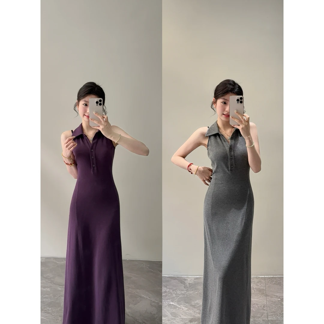 【颂宋】夏季新款挂脖Polo裙无袖连衣裙气质高腰v领长裙子DT1150