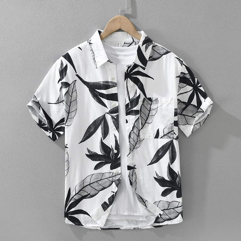 沙滩度假风夏威夷短袖衬衫男士夏季薄款纯棉休闲宽松百搭衬衣男潮