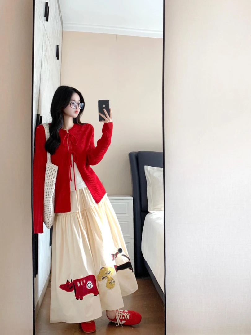 开春穿搭一整套女韩系ootd氛围感系带红色开衫高腰半身裙三件套