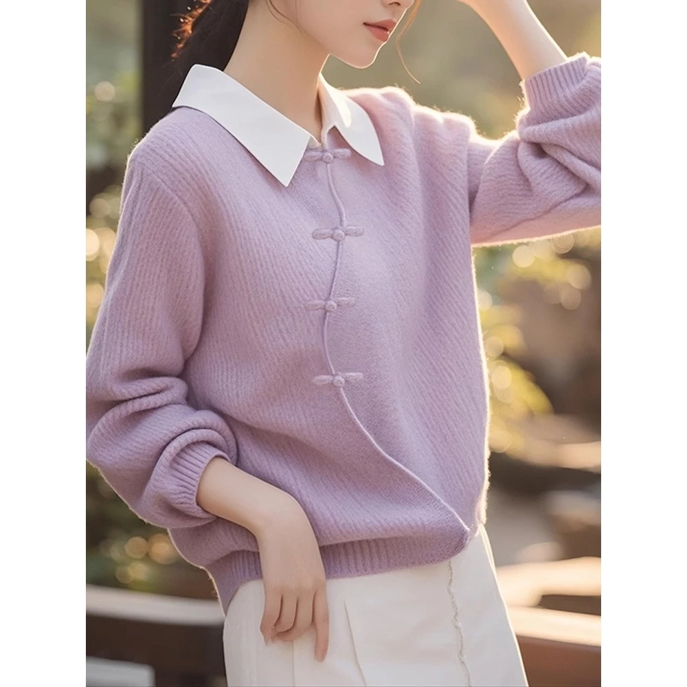 新中式国风盘扣紫色假两件毛衣女秋冬新款设计感小众独特别致上衣