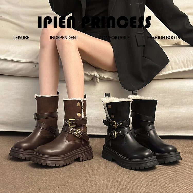 2026新款两穿棕色靴子女冬季加绒厚底时尚短靴毛毛靴雪地靴马丁靴