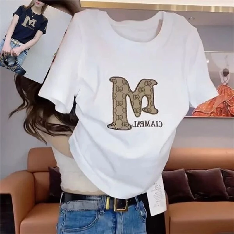 【高品质】时尚刺绣简约短袖圆领T恤女夏季新款字母M洋气打底衫上衣