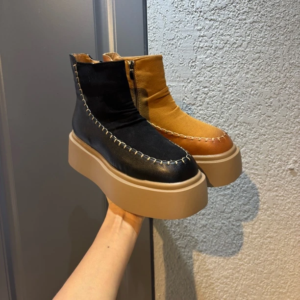 R 6630短靴高帮秋冬时装靴厚底女靴百搭复古真皮厚底靴