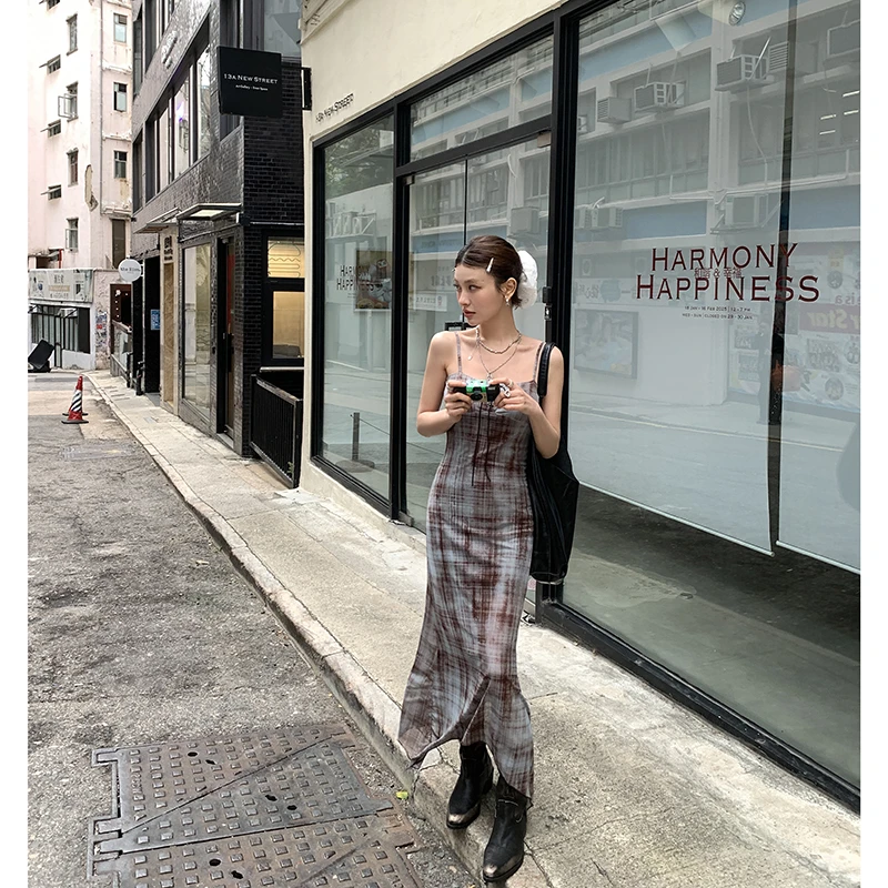 【提拉米苏】扎染网纱性感吊带连衣裙女夏修身长裙4179