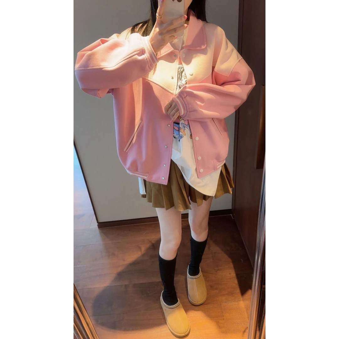【张静芝】粉色洋气百搭简约菱形格纹压花纹路包边秋冬女外套