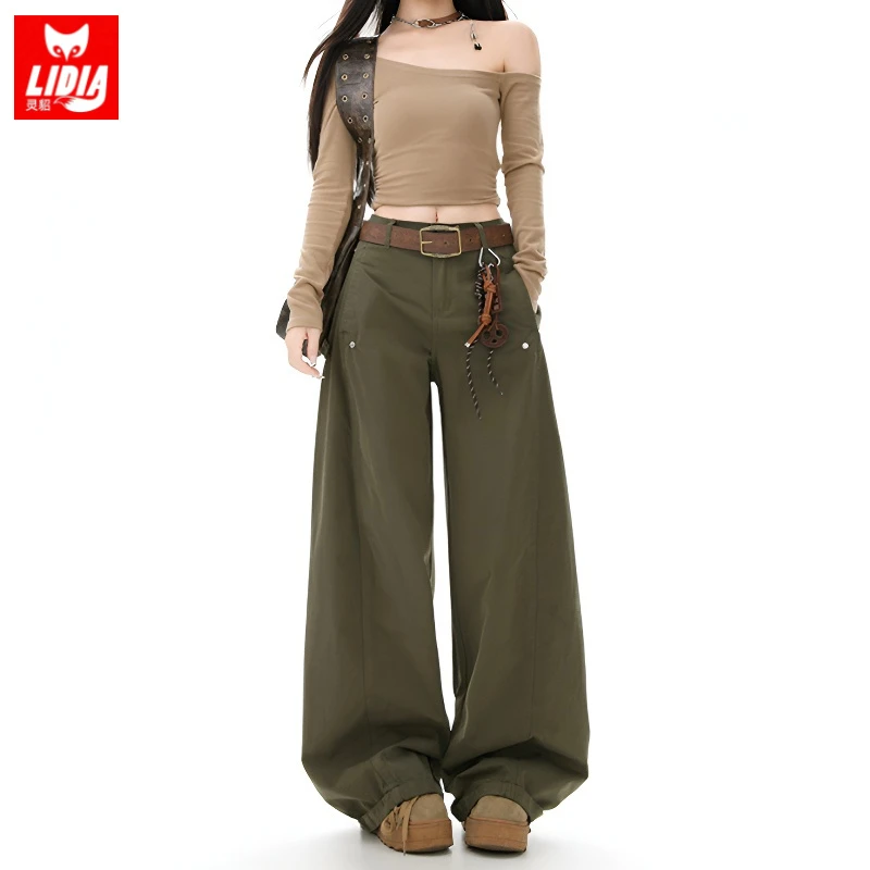 美式复古军绿色工装牛仔裤2025秋季新款女士高腰显瘦休闲阔腿裤子