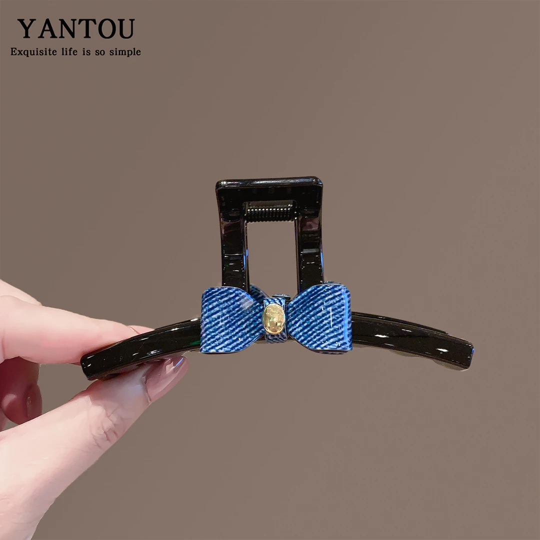 复古小众设计蓝色蝴蝶结抓夹后脑勺发量多盘发鲨鱼夹夹子网红抓夹