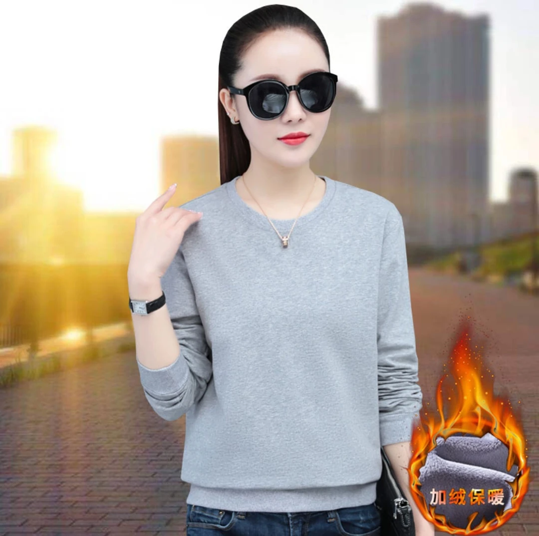 纯棉卫衣女圆领2025新款春秋薄款宽松显瘦纯色外套加绒爆款上衣潮