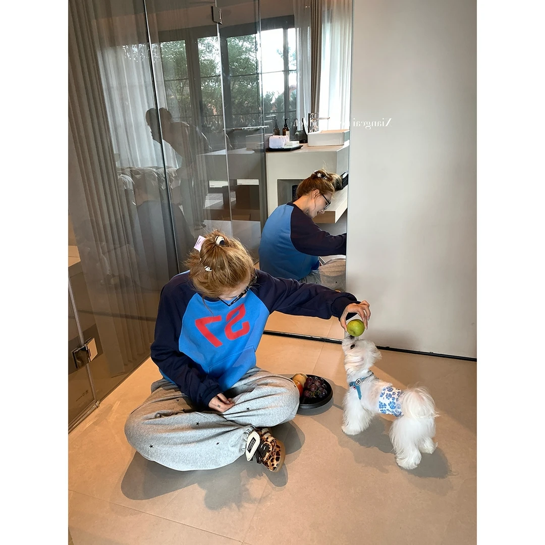 美式复古撞色印花套头卫衣女2025早秋新款宽松慵懒休闲百搭上衣女