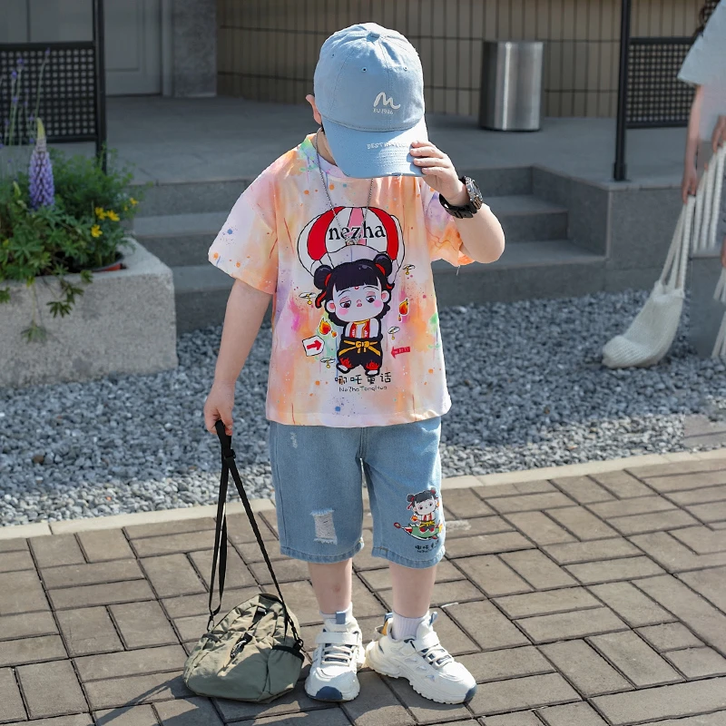 哪吒衣服男童夏装套装2025新款儿童装夏季短袖宝宝扎染两件套男孩