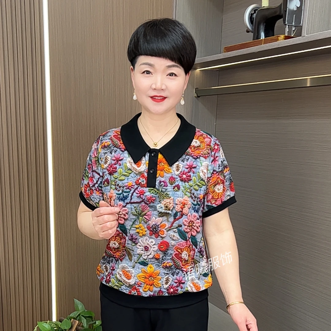 时尚休闲风森系中老年女装休闲宽松百搭妈妈装女装印花短袖F8111