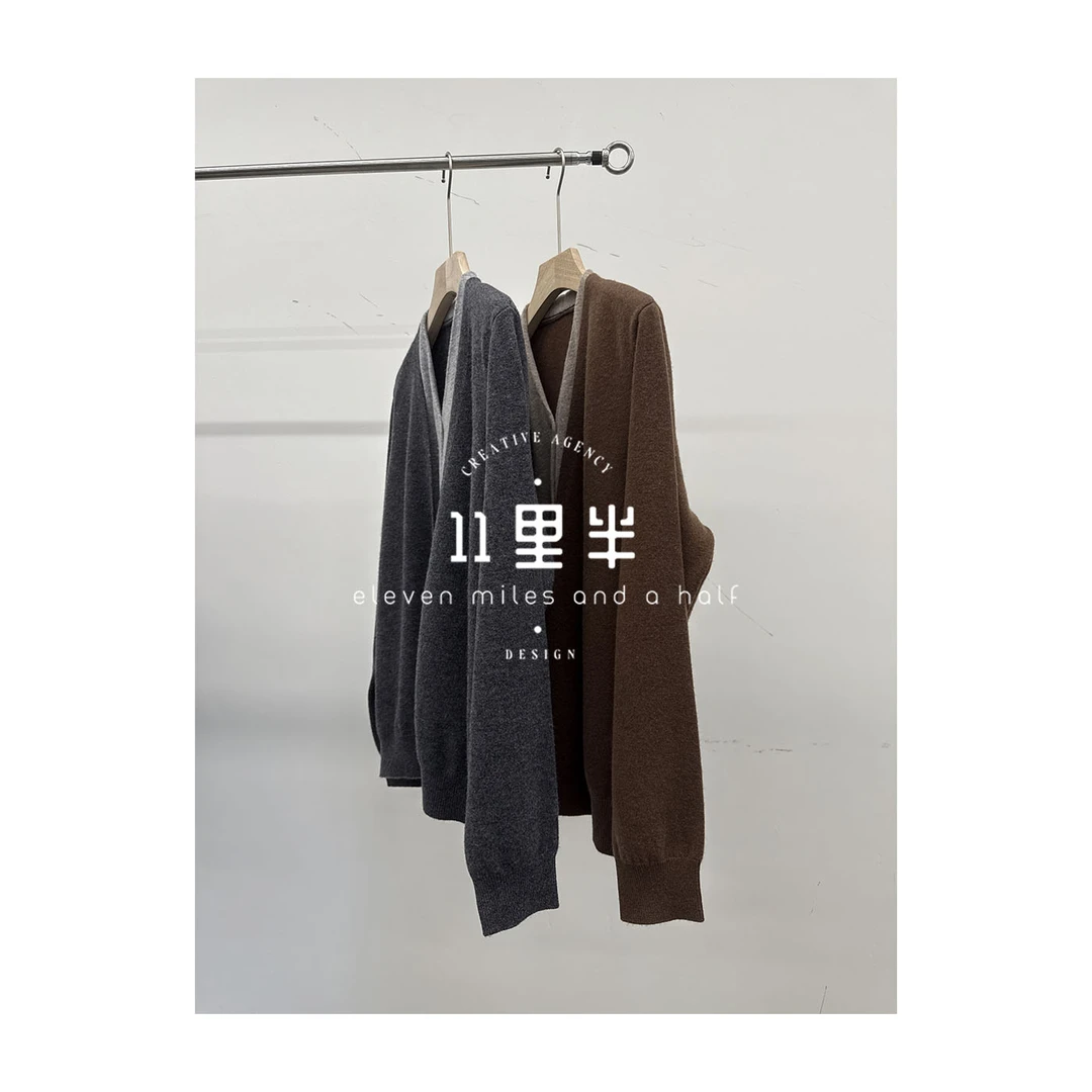 11里半&如懿【小城故事】时尚百搭简约气质拼接假两件针织V领羊毛衫