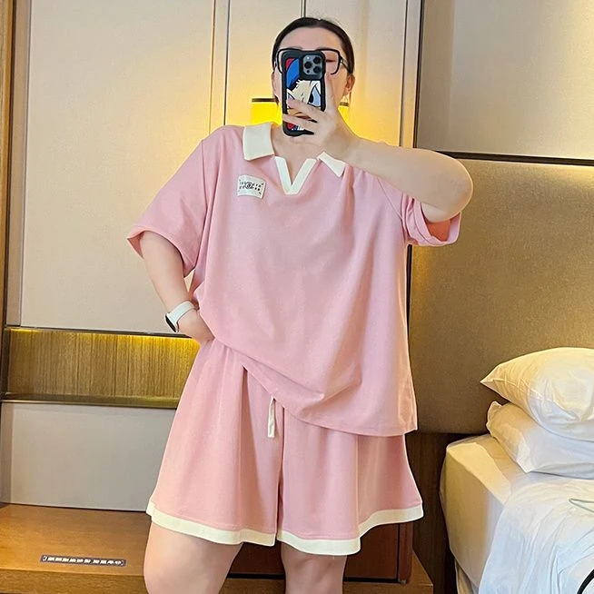 300斤胖mm宽松休闲服减龄显瘦运动套装POLO衫短袖阔腿短裤两件套